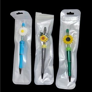 Set of 3 Floral Top Ballpoint Pens - Blue, Silver, Green